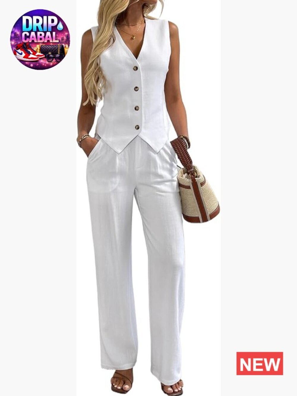 2 Piece Linen Vest Waistcoat Wide Leg Pants Suit Set